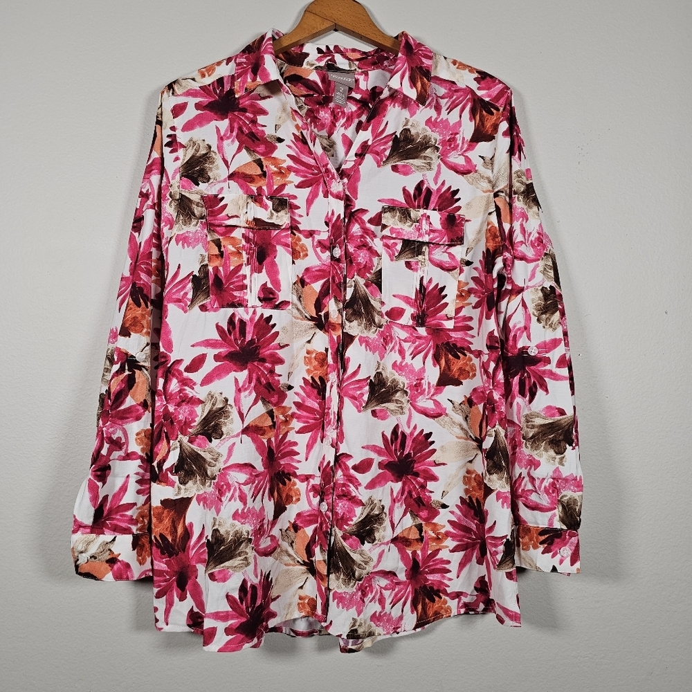 Chicos Size‎ 2 Womens Floral Button Up Top Red Pink Shirt Roll-Tab Sleeve Pocket